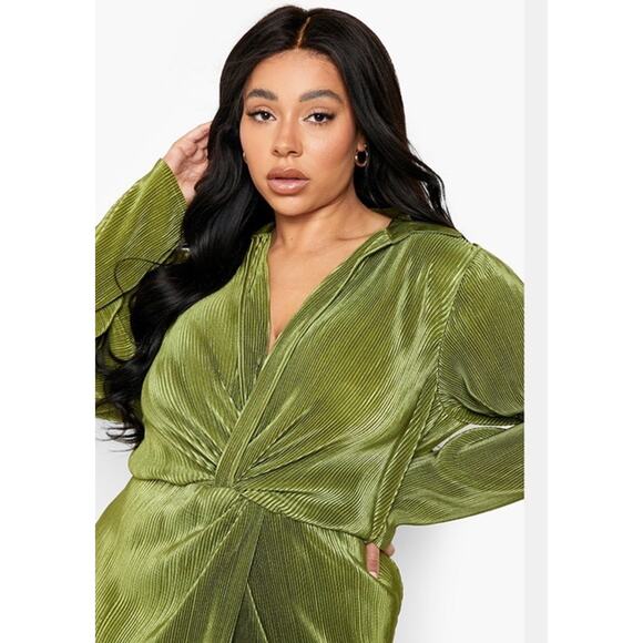 Boohoo Green 14 Pleated Twist Front Stretch Midi Dress Dolman Sleeve Look Party - Picture 2 of 10